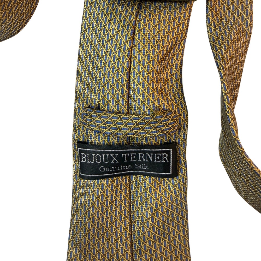Vintage Bijoux Terner 100% Silk Tie Mens Gold Blue Silk Geometric Handmade Chic